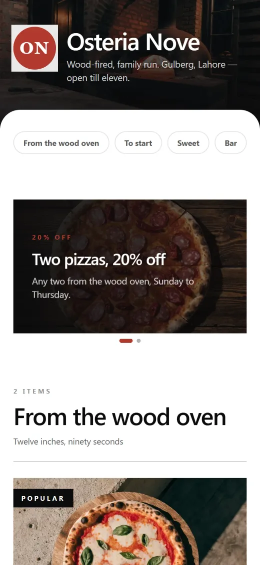 A restaurant's digital menu on a phone: its logo, four courses, a 20% off promotion and the first dish